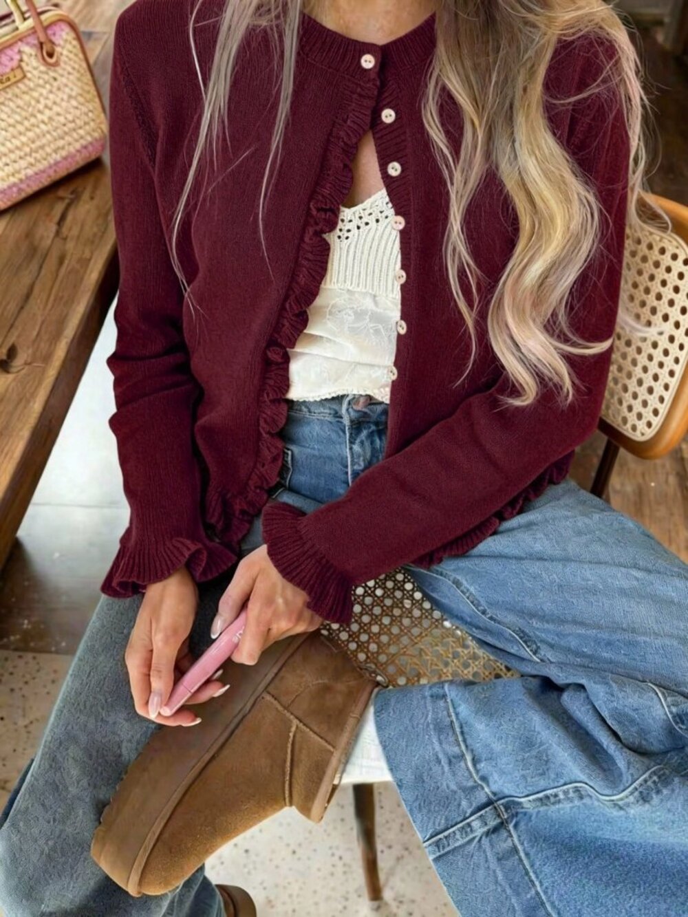 burgundy Elegant Womens Round Neck long Sleeve button down Knit Sweater cardigan